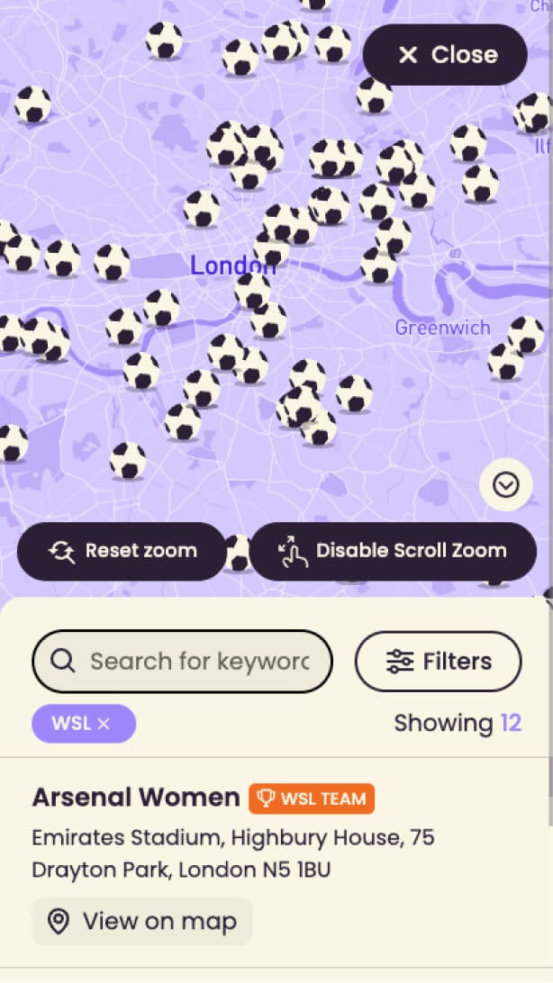 Interactive map view with keyword search and filters showing women's football clubs